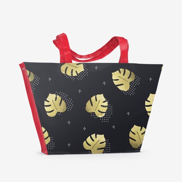 Пляжная сумка «Золотой паттерн с тропическими листьями монстеры»