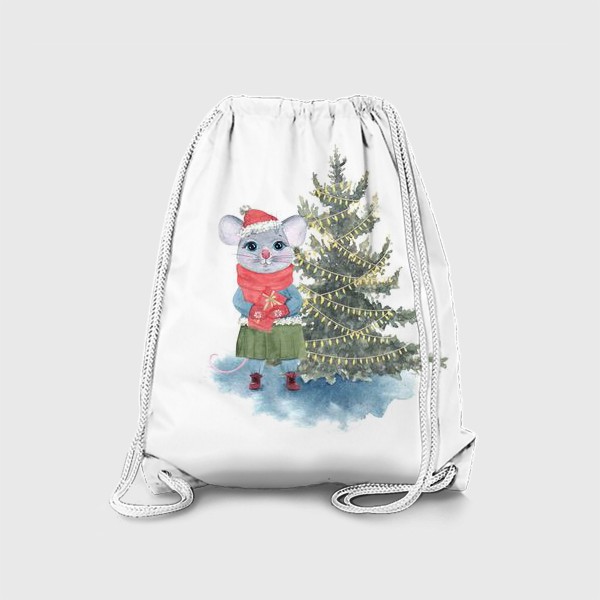 Рюкзак «Мышь (крыса) с подарком у новогодней ели, символ 2020 нового года. Зимний акварельный принт на белом фоне.»