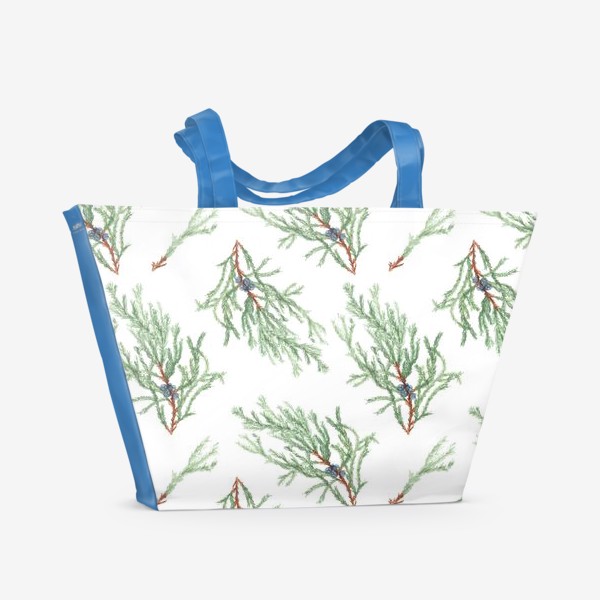 Пляжная сумка «Можжевельник хвойное зимнее растение. Акварельный ботанический новогодний паттерн на белом фоне»