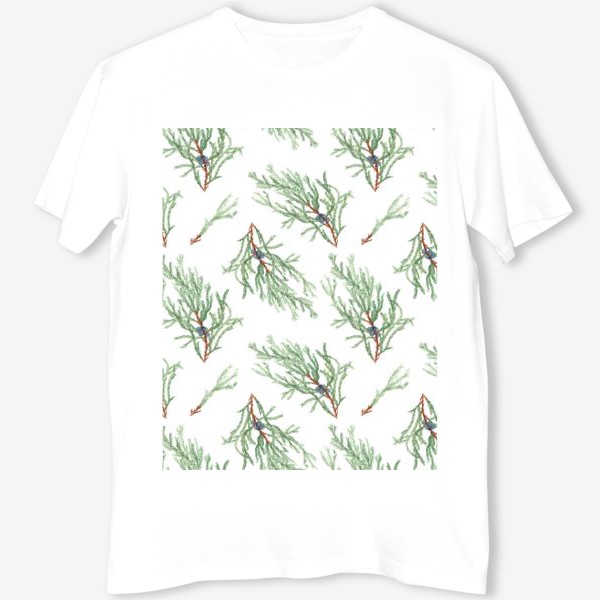 Футболка &laquo;Можжевельник хвойное зимнее растение. Акварельный ботанический новогодний паттерн на белом фоне&raquo;