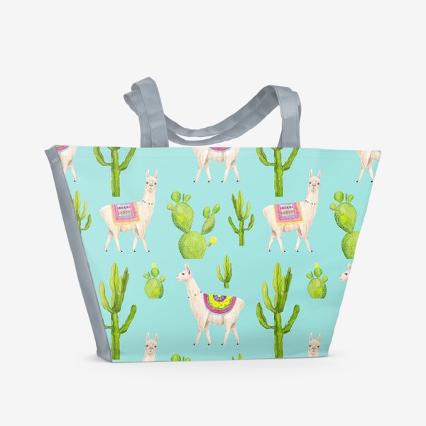 Пляжная сумка «Ламы (альпаки) и кактусы. Летний тропический акварельный паттерн на голубом фоне»