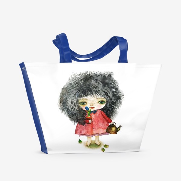 Пляжная сумка &laquo;Девочка с чайником и голубым тюльпаном&raquo;