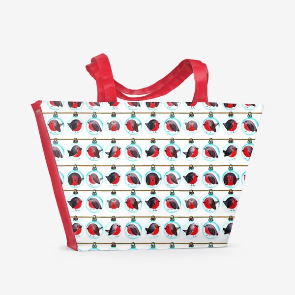 Пляжная сумка «Паттерн новогодние шары со снегирями»