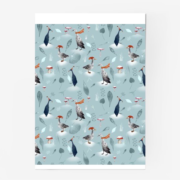 Постер «Зимние гуси в шапках и шарфах. Грибы и замороженные листья.»