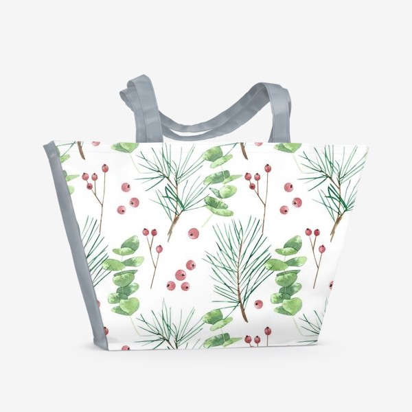 Пляжная сумка «Ель, эвкалипт и ягоды. Зимний бесшовный фон»