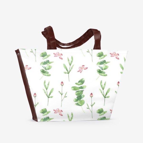 Пляжная сумка «Эвкалипт и розовые цветы. Бесшовный паттерн»