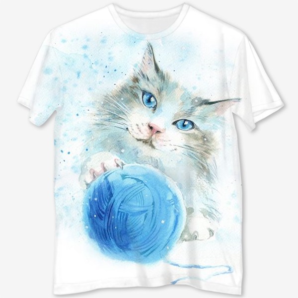 Футболка с полной запечаткой «Кот с синим клубком»