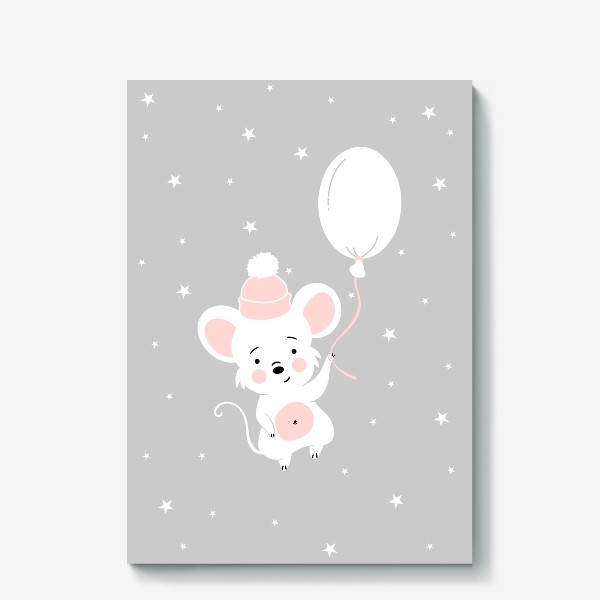 Холст «Мышонок на шарике, мышка, детское, Новый год,»