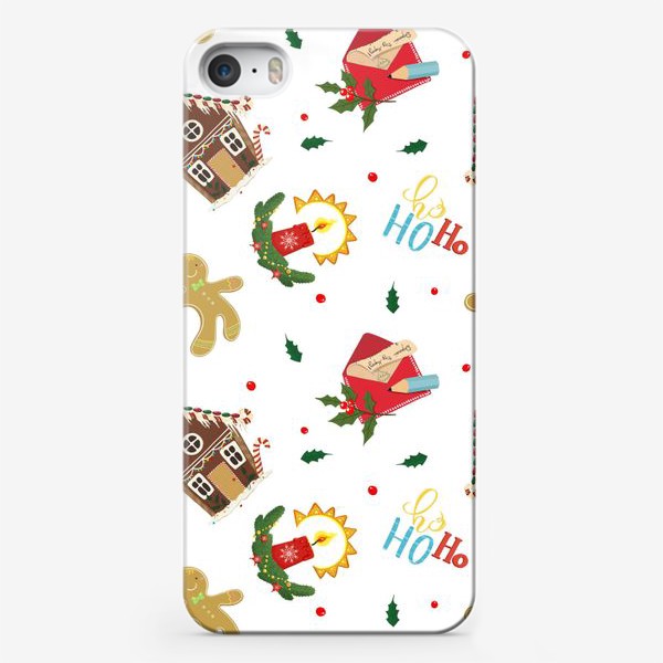 Чехол iPhone «Рождественский паттерн с печеньками, остролистом и пряничным домиком»