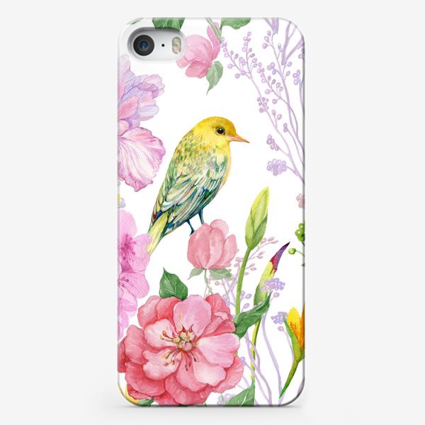 Чехол iPhone «акварель. цветы и птичка иволга»