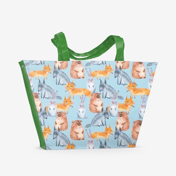 Пляжная сумка «Лесные звери (лиса, заяц, волк, медведь). Акварельный паттерн»