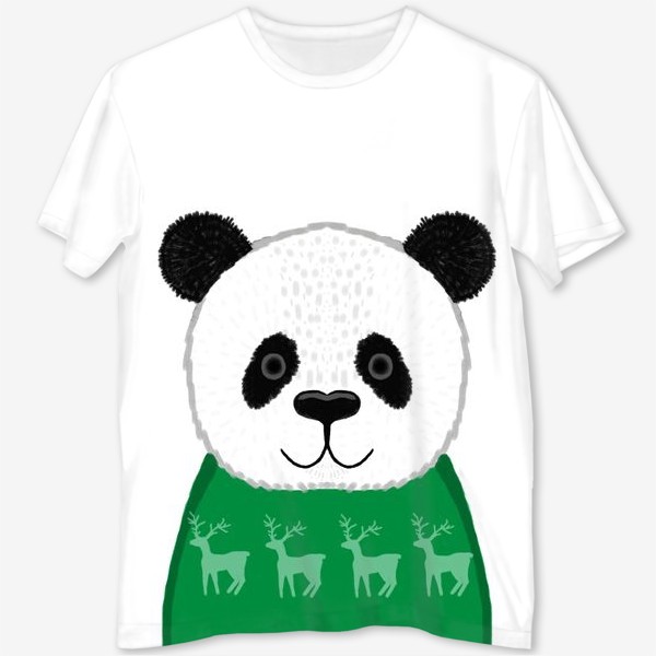 Футболка с полной запечаткой «Панда в свитере с оленями»