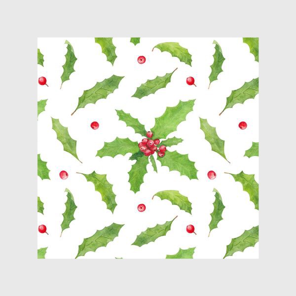 Шторы &laquo;Остролист (падуб) символ рождества и нового года, зимний акварельный паттерн с растениями и ягодами на белом фоне&raquo;