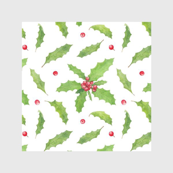 Скатерть &laquo;Остролист (падуб) символ рождества и нового года, зимний акварельный паттерн с растениями и ягодами на белом фоне&raquo;