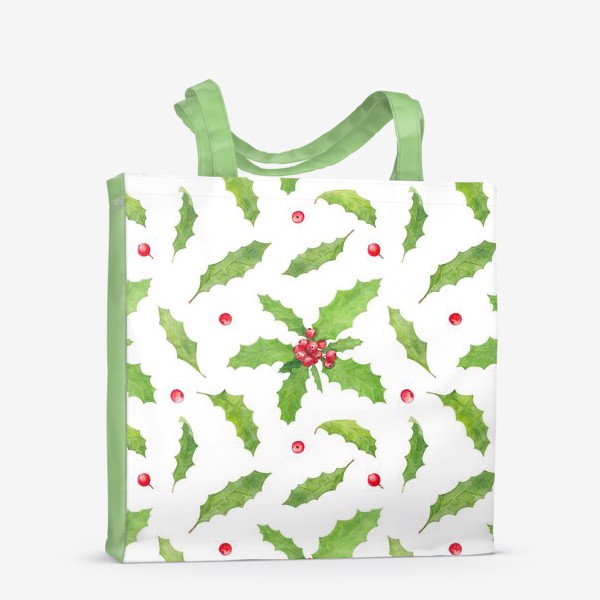 Сумка-шоппер &laquo;Остролист (падуб) символ рождества и нового года, зимний акварельный паттерн с растениями и ягодами на белом фоне&raquo;