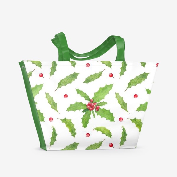 Пляжная сумка &laquo;Остролист (падуб) символ рождества и нового года, зимний акварельный паттерн с растениями и ягодами на белом фоне&raquo;