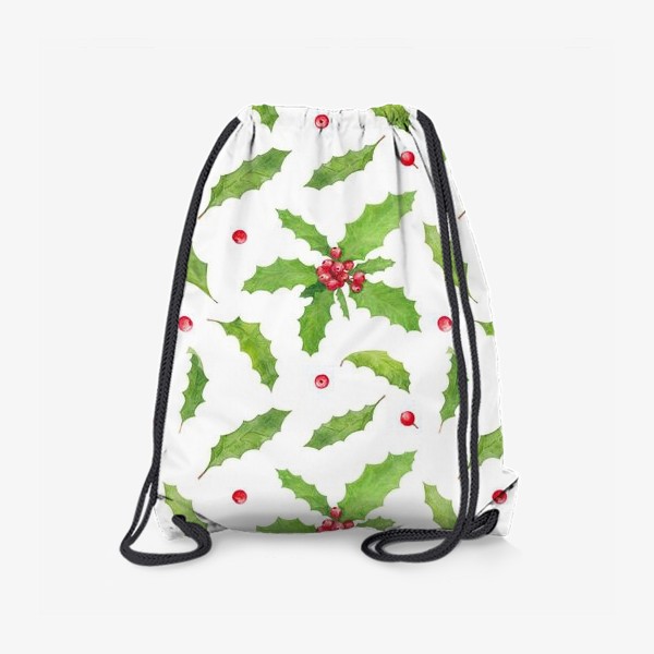 Рюкзак «Остролист (падуб) символ рождества и нового года, зимний акварельный паттерн с растениями и ягодами на белом фоне»