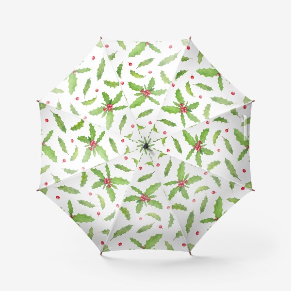 Зонт «Остролист (падуб) символ рождества и нового года, зимний акварельный паттерн с растениями и ягодами на белом фоне»