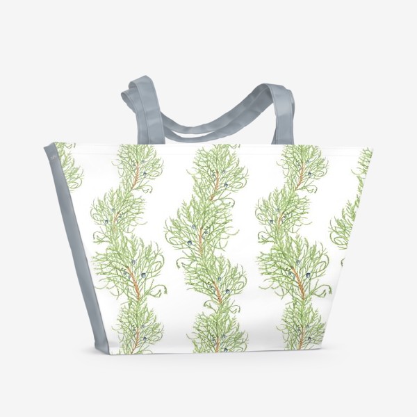 Пляжная сумка «Можжевельник хвойное зимнее новогоднее растение. Акварельный ботанический паттерн с ветками на белом фоне»