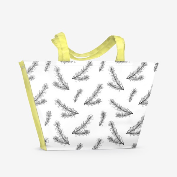 Пляжная сумка «Ветви ели, черно-белая ботаническая иллюстрация, графика, линейный рисунок, монохромный паттерн на белом фоне»