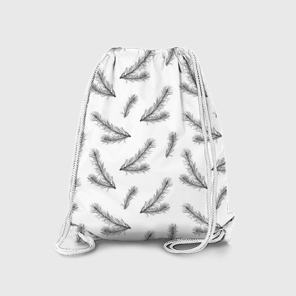 Рюкзак «Ветви ели, черно-белая ботаническая иллюстрация, графика, линейный рисунок, монохромный паттерн на белом фоне»