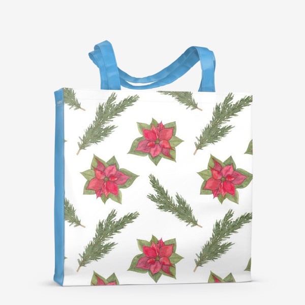 Сумка-шоппер &laquo;Пуансеттия (рождественская звезда), красный зимний цветок и ветки новогодней ели. Акварельный паттерн на белом фоне&raquo;