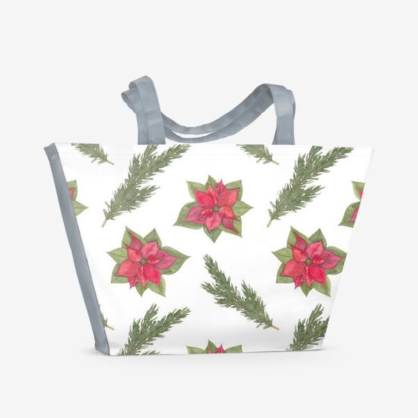 Пляжная сумка «Пуансеттия (рождественская звезда), красный зимний цветок и ветки новогодней ели. Акварельный паттерн на белом фоне»