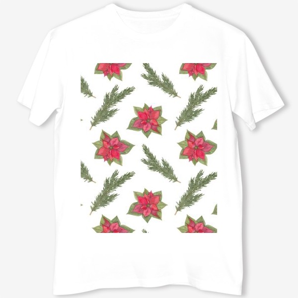 Футболка &laquo;Пуансеттия (рождественская звезда), красный зимний цветок и ветки новогодней ели. Акварельный паттерн на белом фоне&raquo;