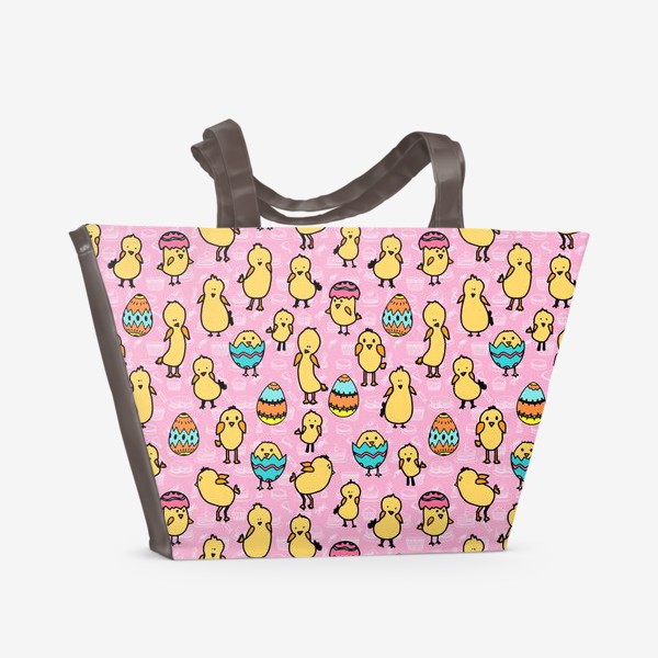 Пляжная сумка «Пасхальный розовый паттерн для девочки с яйцами и цыплятами»