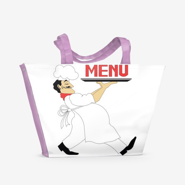 Пляжная сумка «повар в профиль несет поднос со словом меню»