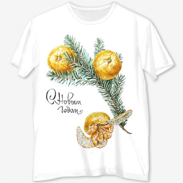 Футболка с полной запечаткой «новогоднее поздравление и елка с мандаринами акварель»