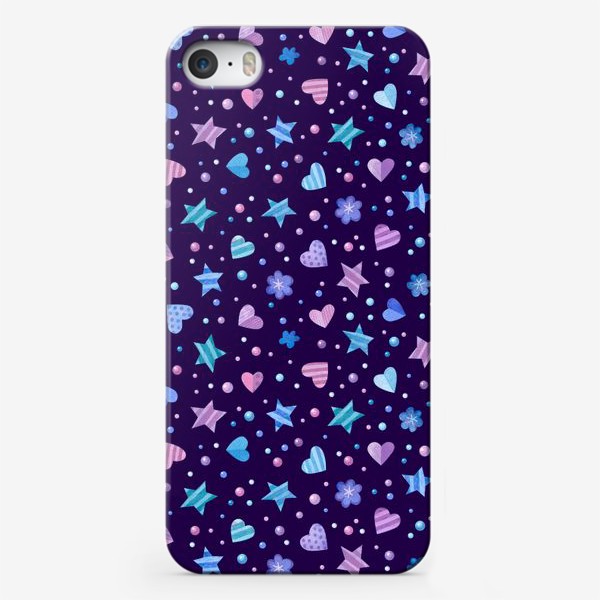 Чехол iPhone «Сердца, звёзды и цветы на тёмном фоне.  Акварельный паттерн»