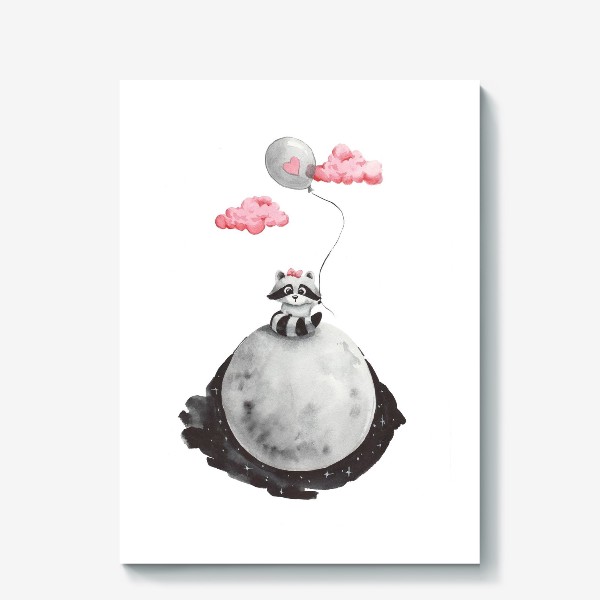 Холст «Енот-девочка на луне с воздушным шаром»