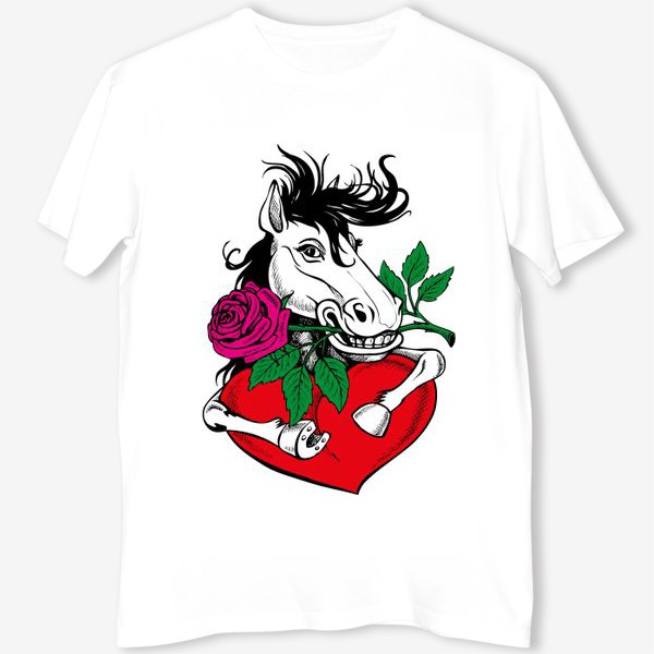 Футболка &laquo;сексуальный конь держит сердце и розу&raquo;
