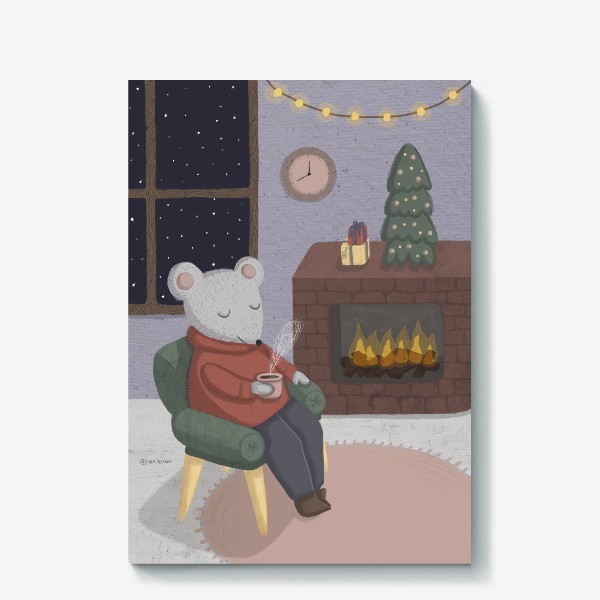 Холст «Новогодняя мышка в уютной комнате»