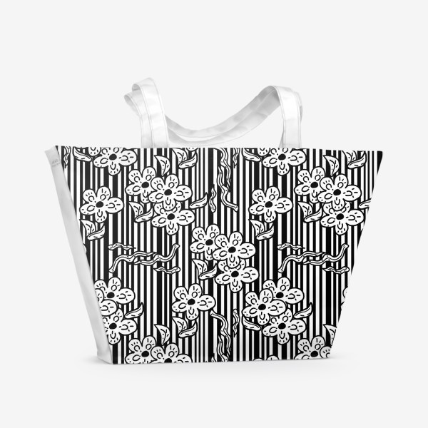 Пляжная сумка «Черно-белые цветы, паттерн»