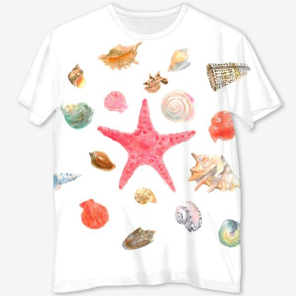 Футболка с полной запечаткой «Морская звезда и ракушки. Starfish and shells»