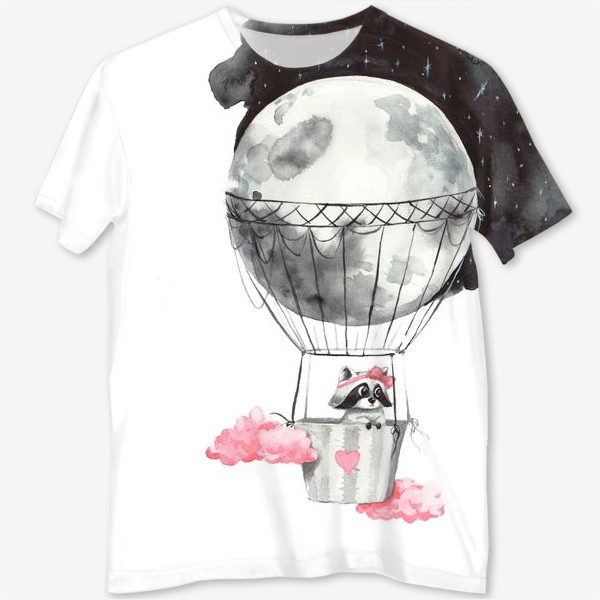 Футболка с полной запечаткой «Енот-девочка на воздушном шаре-луне»