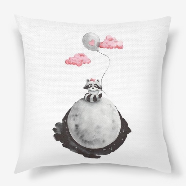 Подушка &laquo;Енот-девочка на луне с воздушным шаром&raquo;