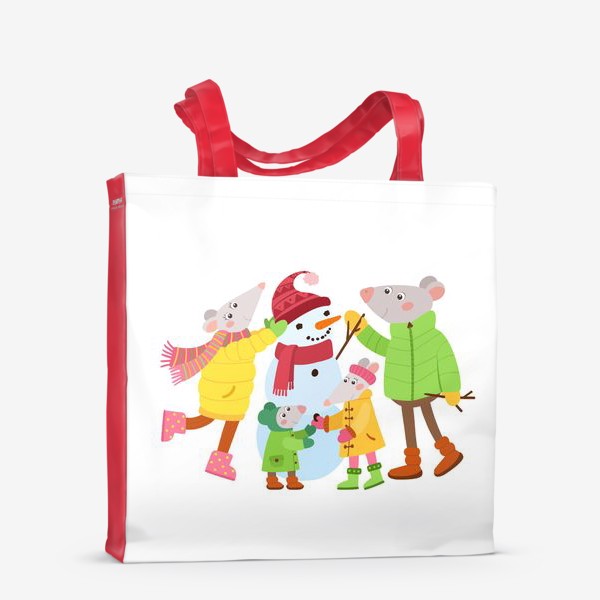 Сумка-шоппер «Семья крыс лепит снеговика. Зимняя новогодняя иллюстрация к 2020 году.»