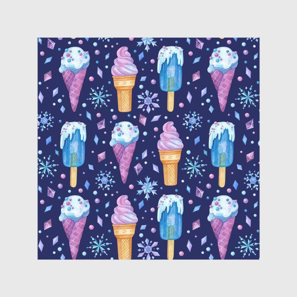 Скатерть «Мороженое и снежинки, замороженные десерты на тёмном фоне. Сладкая текстура, акварельный паттерн. »