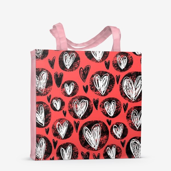 Сумка-шоппер «Паттерн с черно-белыми сердечками на красном фоне»