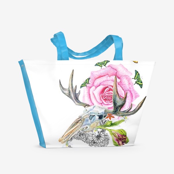 Пляжная сумка &laquo;Череп оленя в цветах и бабочках&raquo;
