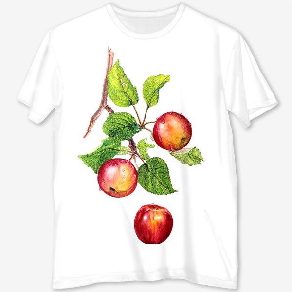 Футболка с полной запечаткой «Фрукты, красные яблоки на ветке. Ботаническая иллюстрация»