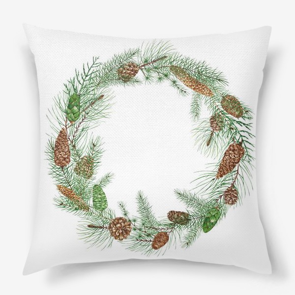 Подушка «новогодная акварельная  иллюстрация, гирлянда с еловыми ветками и шищками»