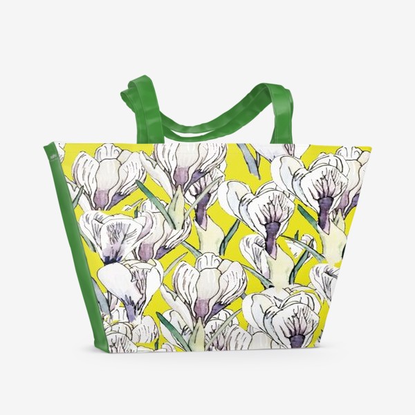 Пляжная сумка «Орнамент из цветов крокусов на желтом фоне»