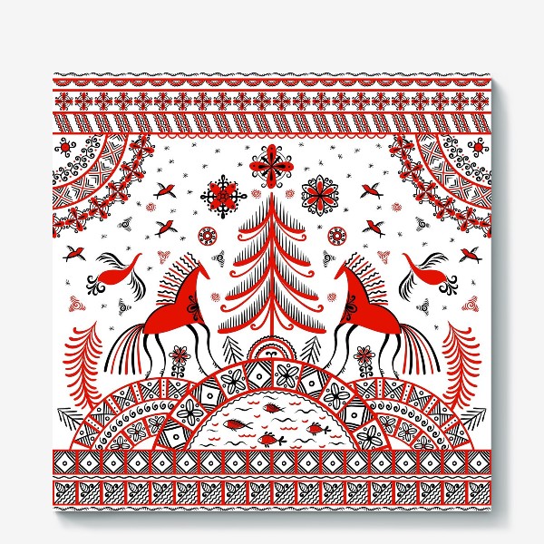 Холст «Мезенская роспись. Квадратный орнамент с лошадьми, птицами, символами солнца.  Русский народный фольклор. »