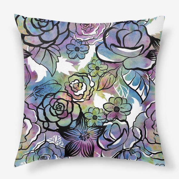 Подушка «Цветочный паттерн, яркие цветы с акварельным фоном»