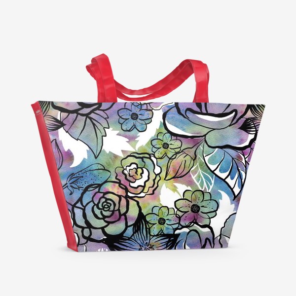 Пляжная сумка «Цветочный паттерн, яркие цветы с акварельным фоном»