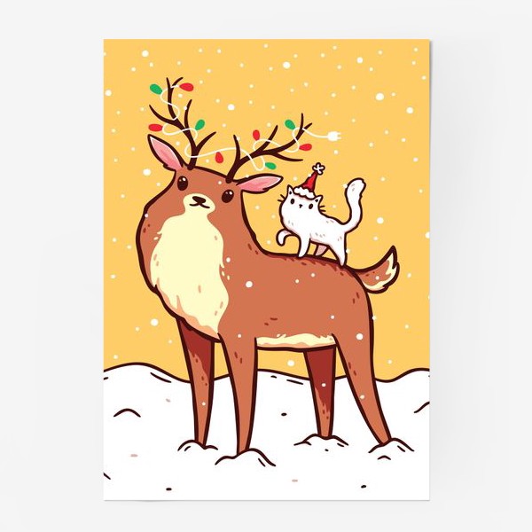Постер «Кавайный Кот Мороз Сидит на Олене с Гирляндой на Рогах, Зима, Снегопад»